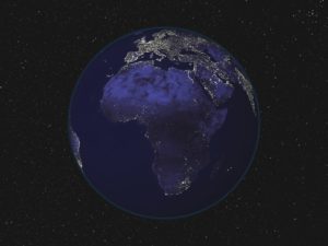 Full Earth at night showing city lights of Africa and Europe