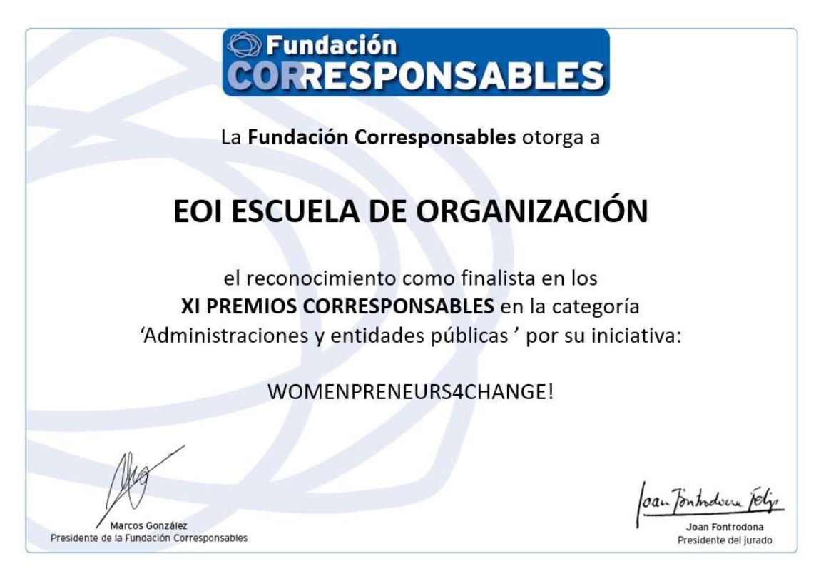 EOI, finalista en los Premios Corresponsables con un programa para mujeres emprendedoras por el bienestar social